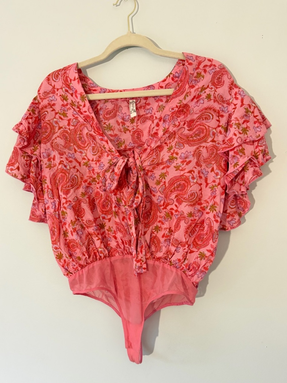 Free People Pink Paisley Tie-Front Ruffle Bodysuit